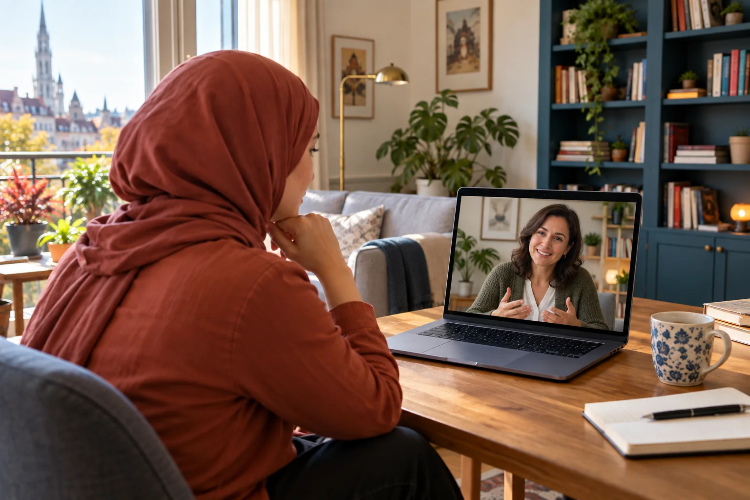 Kadın psikologla online görüşme Belçika’dan başörtülü kadın danışanın kadın psikologla online Türkçe görüşmesi
